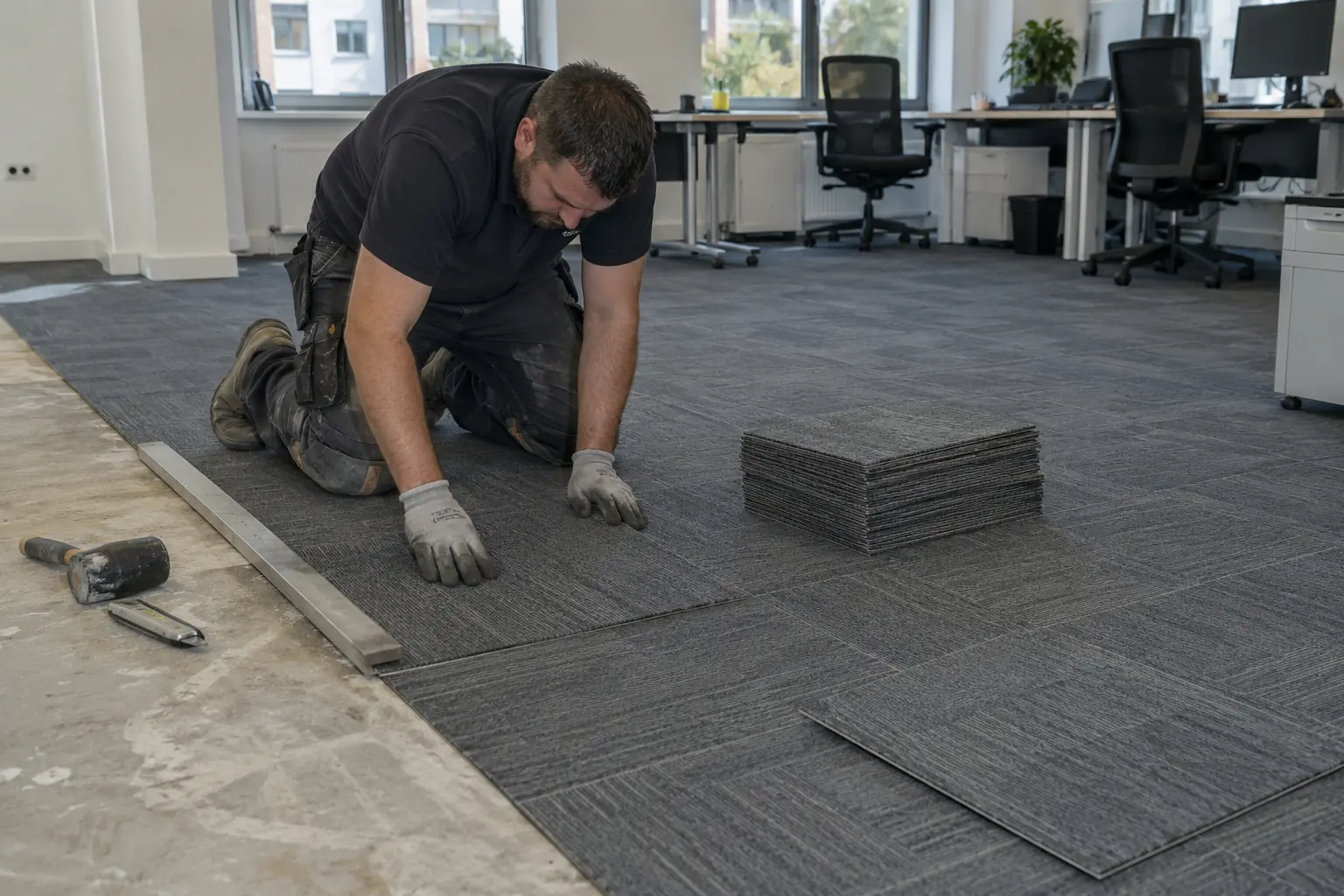 Carpet tile installation — Flooring professional fitting square modular carpet tiles in a modern commercial office, visible regular tile grid with unfinished row and stack of spare square tiles, gloved hands align one tile beside straight edge, desks moved aside.